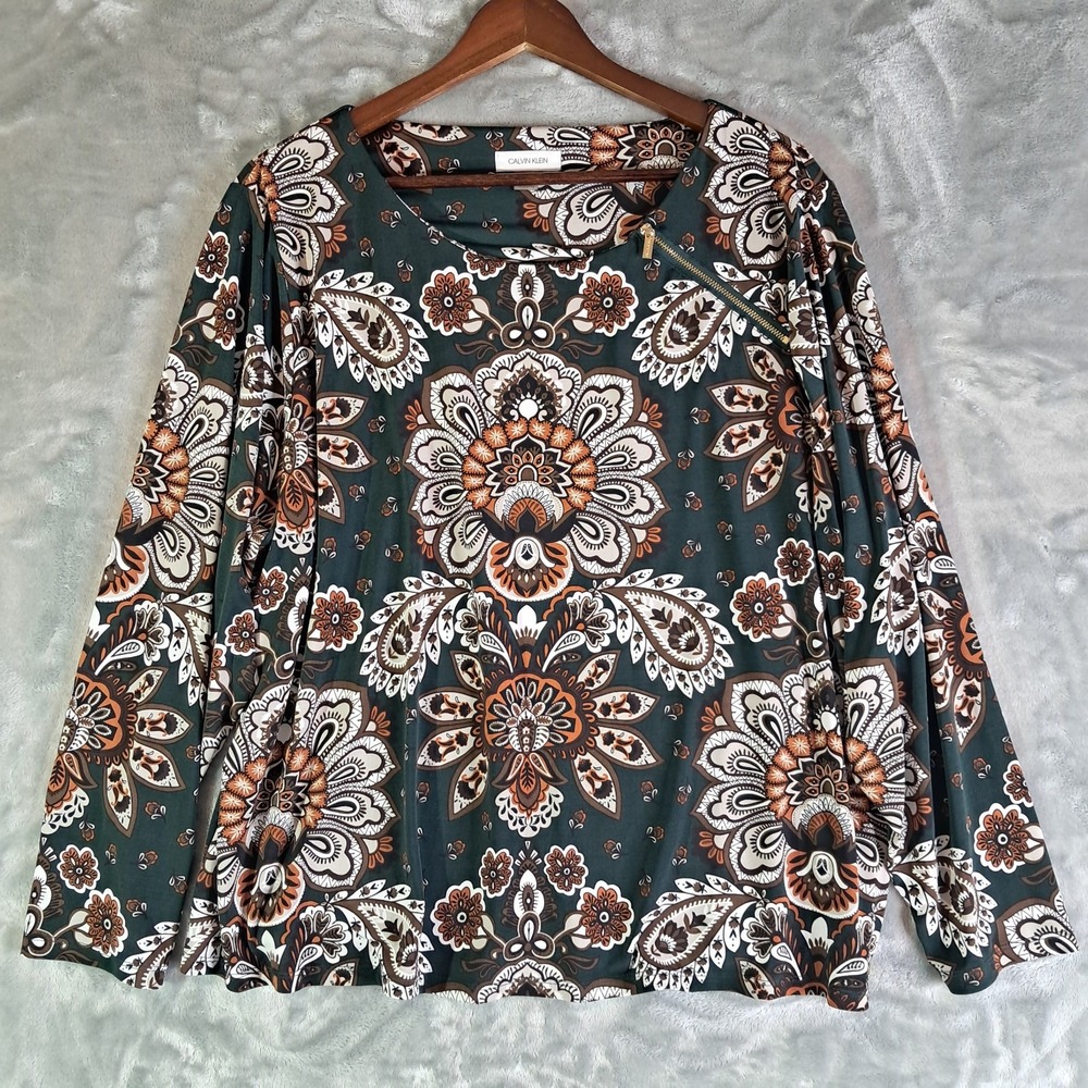 Calvin Klein Womens 2X Paisley Top Shoulder Zipper Blouse Green Brown X08TM42N